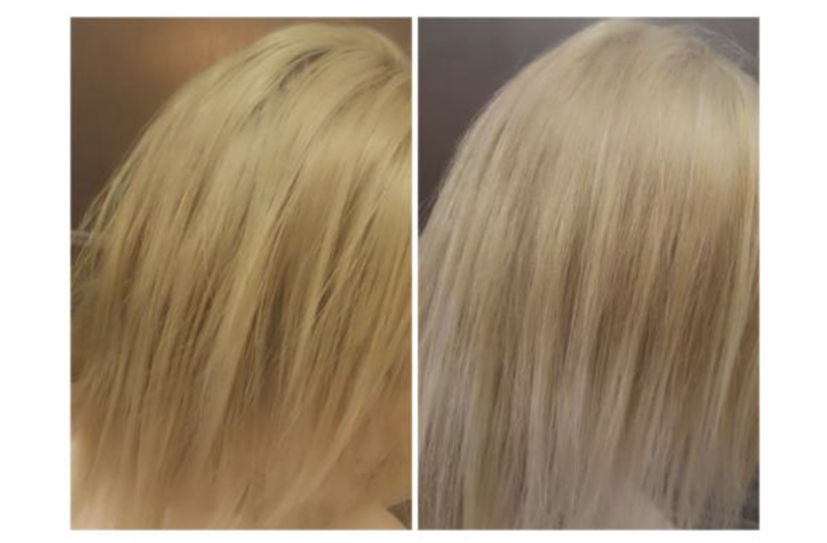 fioletowy szampon siwe włosy przed po